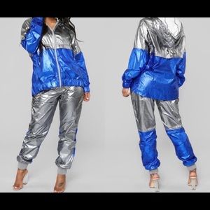 Fashion Nova Evalyn Metallic Windbreaker Jacket & Joggers Set Grey Blue S NWT